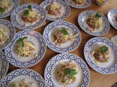 Southern-Style Hot Roasted Shrimp Paste Rice with Shredded Egg, Grilled Shrimp, Sour Green Mango and Tart Citrus (Kao Kluek Keuy) (HOT!!!)