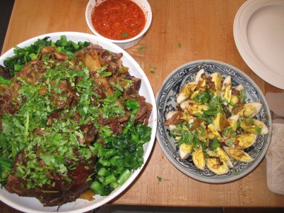 Stewed Spiced Pork Leg Rice with Pickled Mustard Greens, Blanched Asian Broccoli and Hot-Sour Sauce (Kao Kah Moo) - and duck eggs