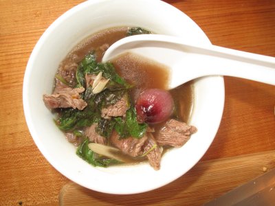 Hot Galanga Beef Soup with Holy Basil (Neau Dtom Kah)