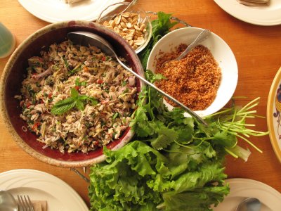 Leaf-Wrapped Charcoal-Grilled Mackerel and Herb Salad (Yam Bplah Too)