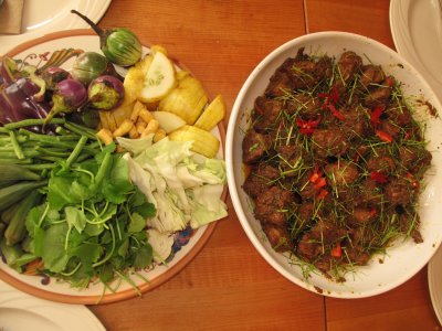 Spicy Dried-Curried Pork Ribs (Kua Haeng Seekrohng Moo), slivered kaffir lime leaves, vegetable platter