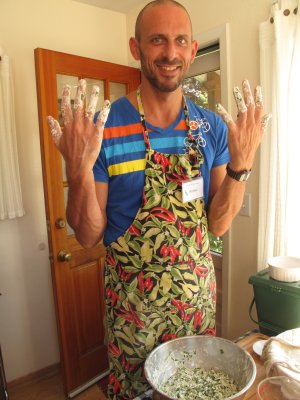 Michael mixing chive cake dough