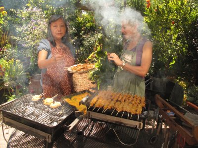 Kasma and Liz with prawns and chicken at grill