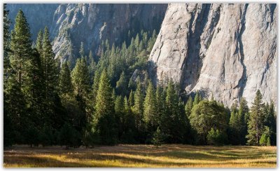 A sheer granite face over a golden grass valley