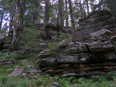 The creek lay in a low area surrounded by eroded cliffs