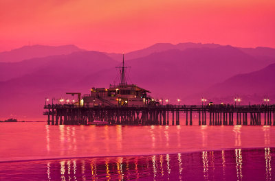 Santa Monica pier with wildfire skies at sundown