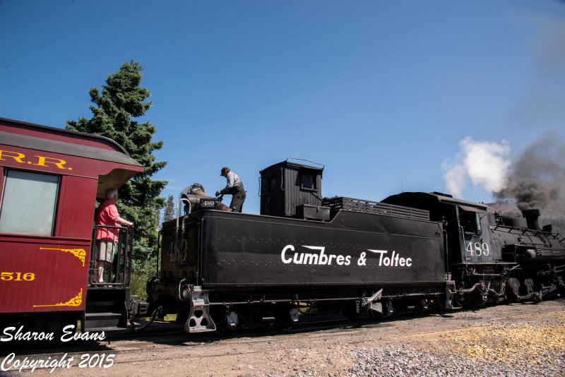 K36 489 gets a needed shot of water at Cumbres beforre heading down grade