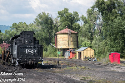 Looking east in the Chama yard with the double spouted water tank and K36 489