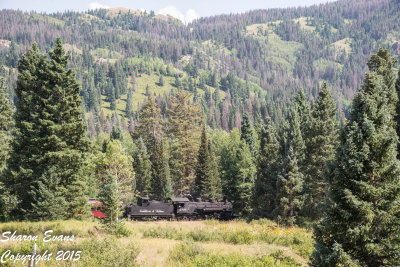 K36 488 leads train 215 toward Chama as it continues to decend the grade