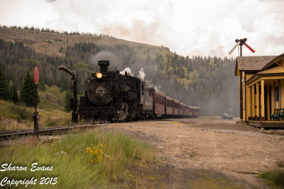 K36 484 slows train 215 to a stop at the water plug at Cumbres