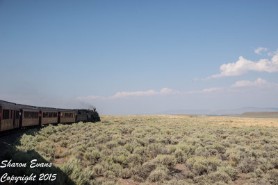 The train curves through the high desert