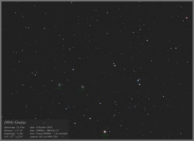 Asteroid Gretia  in Pegaus I cluster  4 October 2016