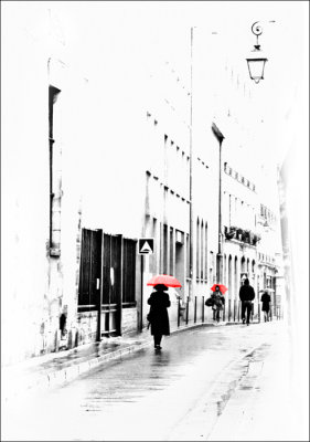 Rainy Day, Marais, Paris, with Red Umbrellas