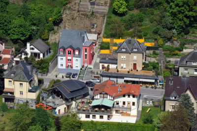 Town of Vianden with the base station of the télésiège (chair lift)