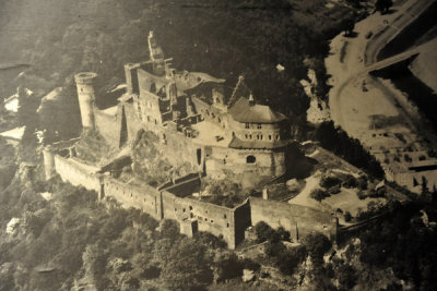 Historic aerial photograph of the ruins of Vianden Castle in the early 20th C.
