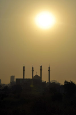 Abuja National Mosque with a dusty late afternoon sun