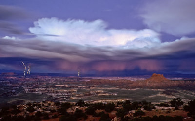 Lightning Downstrikes over Canyonlands and Butte w Cumulus
