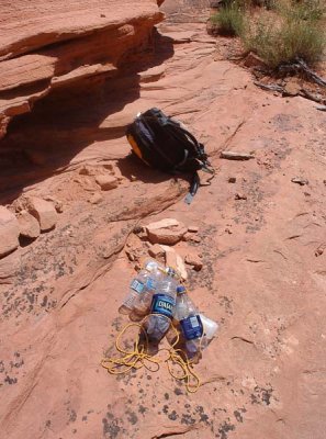 Water bottles tied together for the hike out