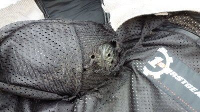The shoulder wore completely through and into the foam.