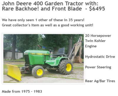Ad for J-400 with backhoe and just front blade