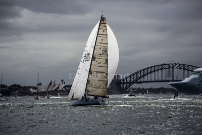 The yacht Victoire, Sydney Opera House and Harbour Bridge 