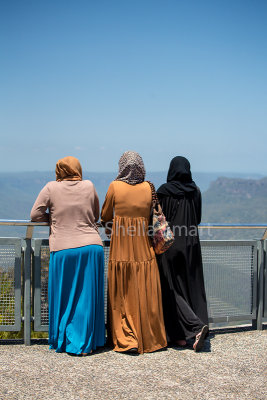 Three Moslem ladies in hijab at Three Sisters, Echo Point, Blue Mountains