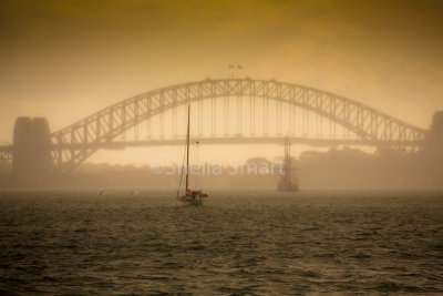 Sydney in mist with tallship and yacht 