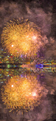 Sydney Opera House with fireworks on New Years Eve