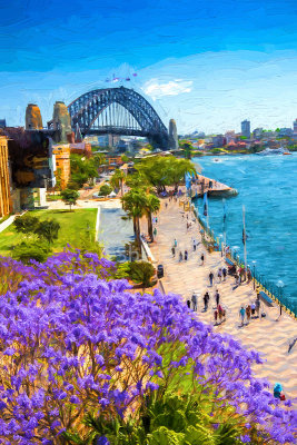 Sydney Harbour Bridge with jacaranda trees in foreground