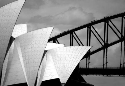 Sydney Opera House with Sydney Harbour Bridge in black and white