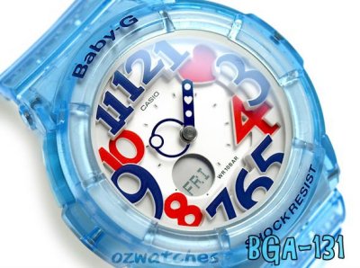 NEW CASIO BABY-G NEON DIAL BGA-131 BGA-131-2B SEMI-TRANSPARENT BLUE BAND