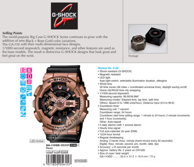 2015 CASIO G-SHOCK ANALOG DIGITAL GA-110GD-9B GA-110GD-9BDR BLACK x ROSE GOLD