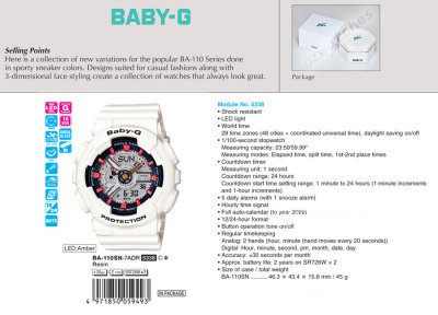 CASIO BABY-G ANALOG DIGITAL MECHANICAL FACE BA-110SN-7A BA-110SN-7ADR WHITE