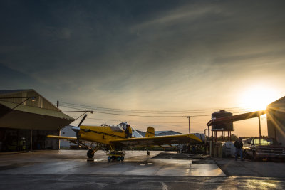 An agricultural aircraft, the Thrush, readying for a calm day to spray crops.