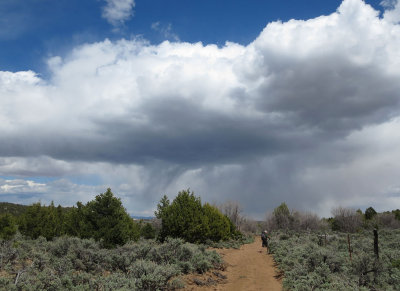 Hiking jeep tracks with storms overhead