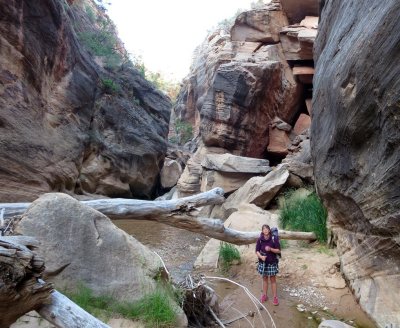 Just past a narrowing, we scrambled down the boulder gulch on the right