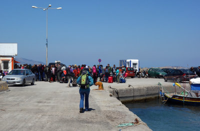 Climbers queue for the ferry from Kos to Kalymnos