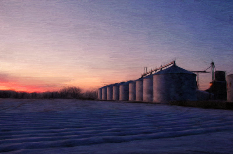 Grain Bins Cold Sunset Reflection