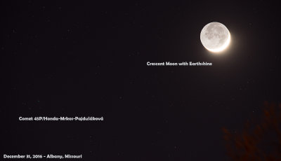 Comet 45P/Honda-Mrkos-Pajdušáková with Crescent Moon and Earthshine