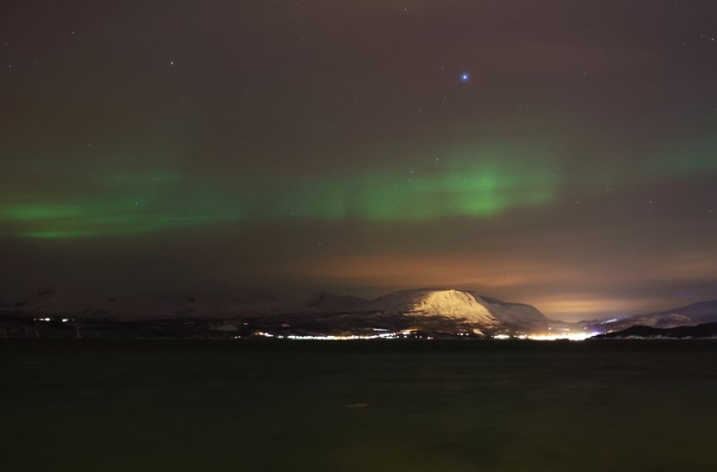 Aurora through thin cloud over Ofotfjord