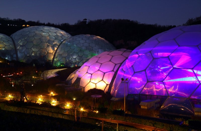 Eden Project Biomes, during the Festival of Light and Sound