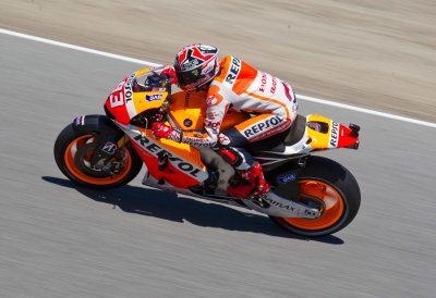 Marquez  Speeding up the hill to the Corkscrew