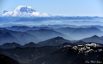 Mt Rainier, Mount St Helens, hazy Cascade Mountains, Washington  