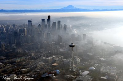 Space Needle, Temperature Inversion, Foggy Seattle, Mount Rainier, Washington  