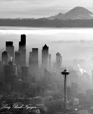 Space Needle, Foggy Seattle, Mount Rainier, Washington  