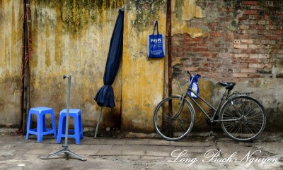 bike and blue chairs, Hanoi, Vietnam  