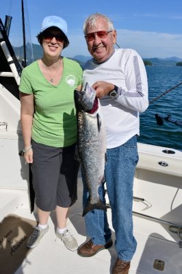 Katherine first salmon with Charlie  