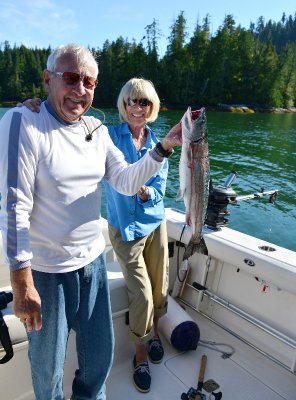 Nancy first salmon with Charlie  