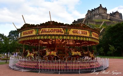 Carousel in shadow Edinburgh Castle, Princes Street Gardens, Edinburgh, Scotland, UK