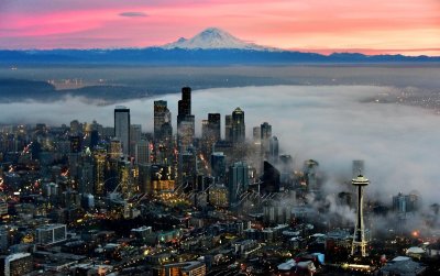 Red Sky over Mount Rainier, Foggy Downtown Seattle, Space Needle, Washington 